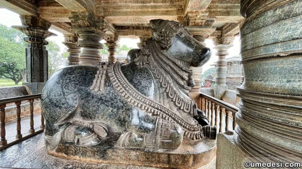 Nandi, the sacred bull of Lord Shiva, intricately sculpted at Hoysaleswara Temple.
