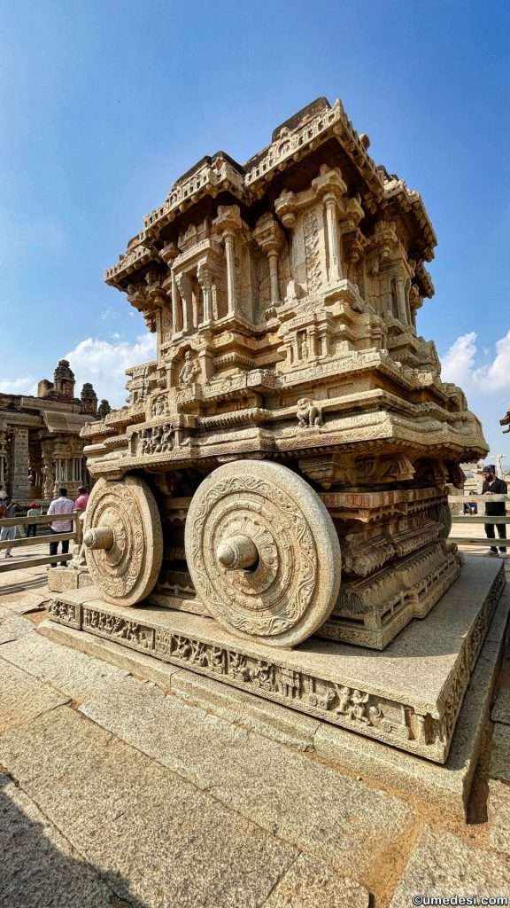 Closer view of the Stone chariot of Vijaya Vittala Temple with intricate carvings in Hampi, Karnataka.
