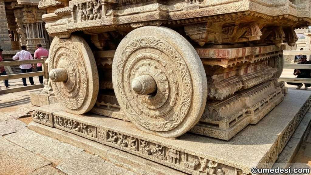 Intricately carved stone wheels of the chariot at Vijaya Vittala Temple, Hampi.