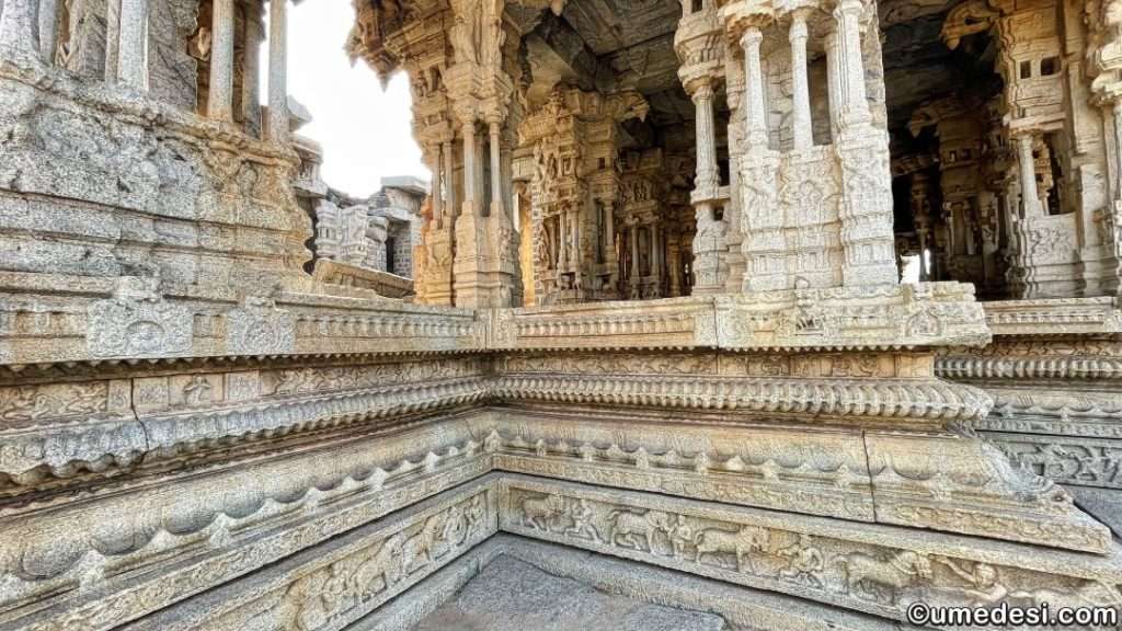 Intricately carved music pillared hall in Vijaya Vittala Temple complex, Hampi.