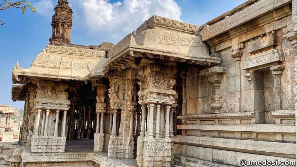 Side view of a carved mandapa with musical pillars in Vijaya Vittala Temple complex, Hampi.