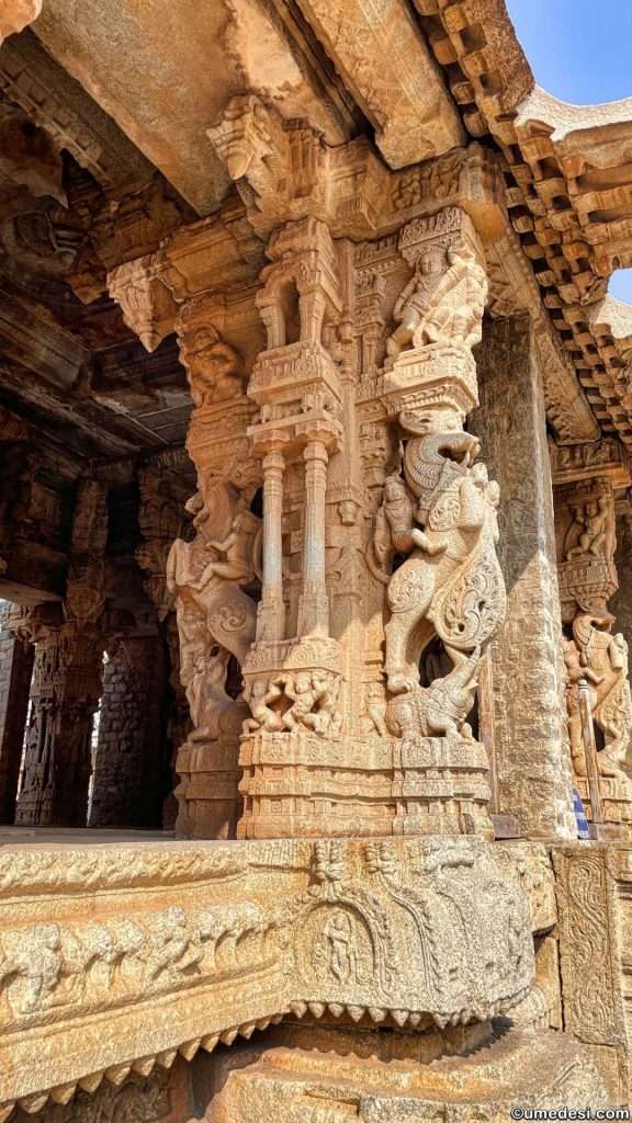 Close-up of yali carving on the temple pillar in Vijaya Vittala Temple, Hampi.
