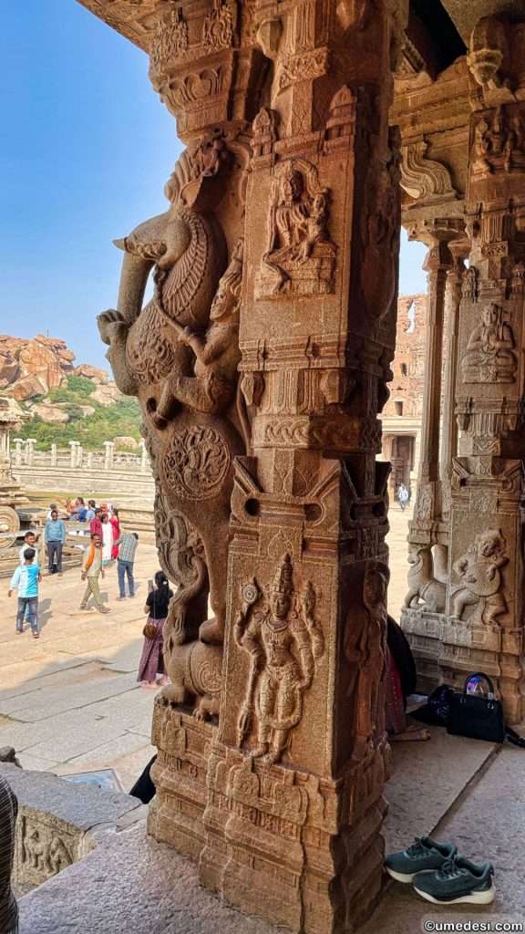Carved pillar with mythological figures at Vijaya Vittala Temple, Hampi.